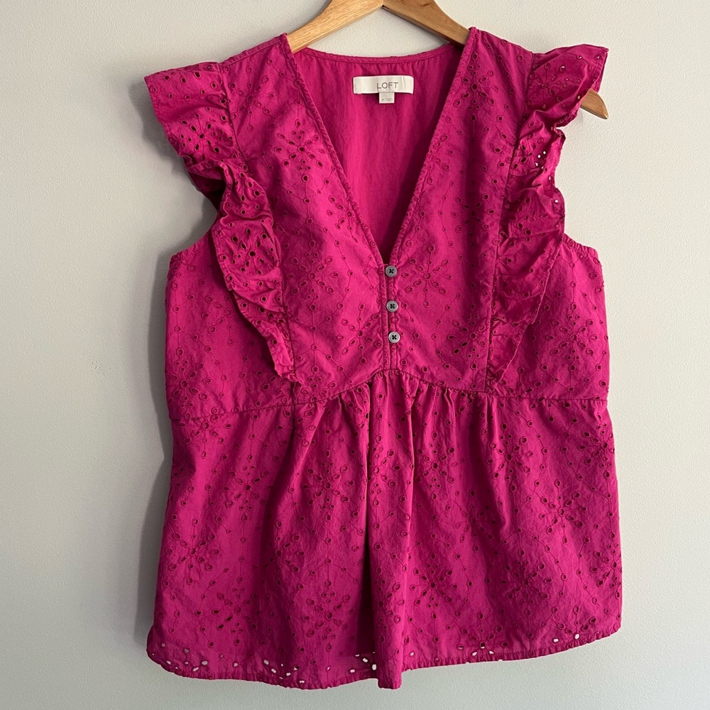 LOFT Fuchsia Eyelet Ruffle Blouse Medium